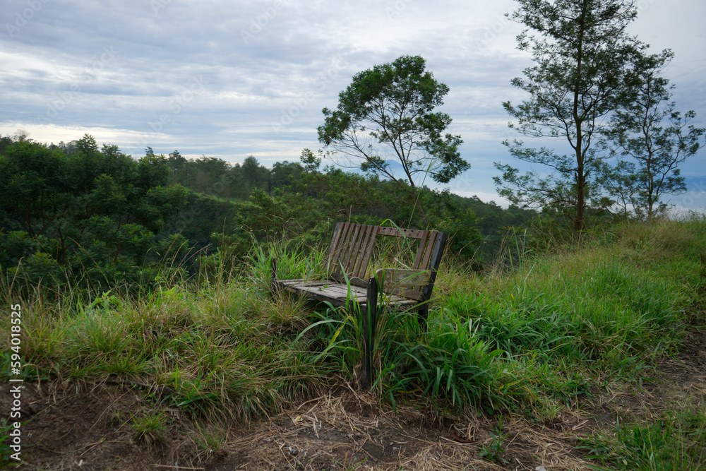 an empty chair with a view of the expanse of green trees an empty chair with a view of the expanse of green trees