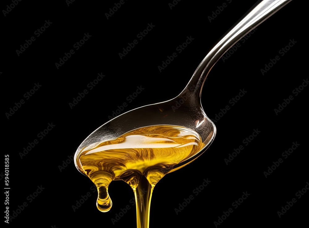 A golden colored olive oil being poured from a spoon isolated on the background. Generative AI