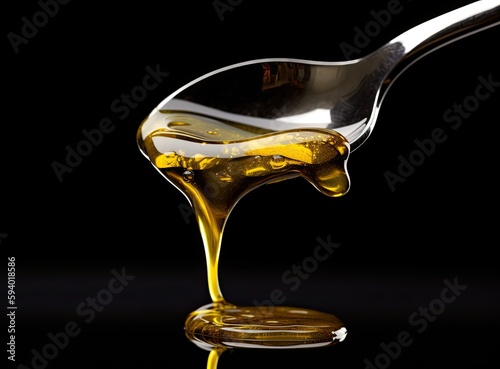 A golden colored olive oil being poured from a spoon isolated on the background. Generative AI