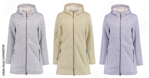 Collection of warm light hoodies. Isolated image on a white background. Photo on a mannequin.