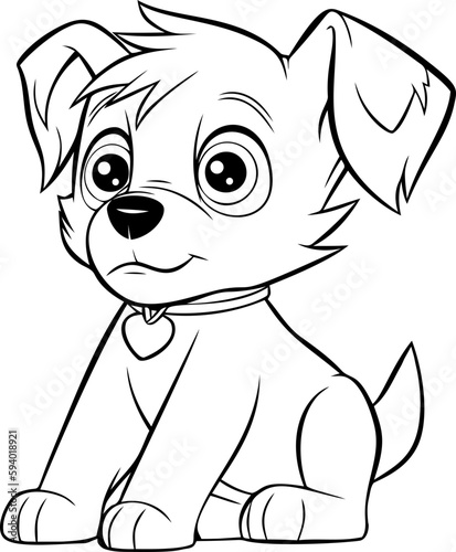 Charming puppy cartoon in black and white, perfect for children's coloring books or art activities.