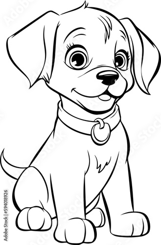 Charming puppy cartoon in black and white, perfect for children's coloring books or art activities. © levinanas