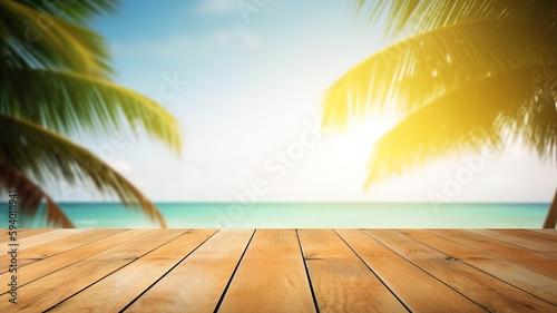 Summer vacation concept: Seascape and palm leaves on wooden table with blurred bokeh light of calm sea and sky at tropical beach background. Empty space ready for your product display montage