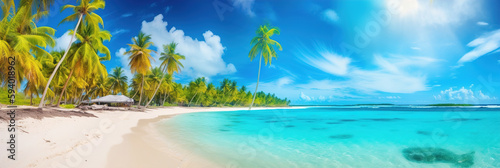 Sunny tropical Caribbean ocean beach with palm coconut trees, sea island vacation on hot summer day © Syntetic Dreams