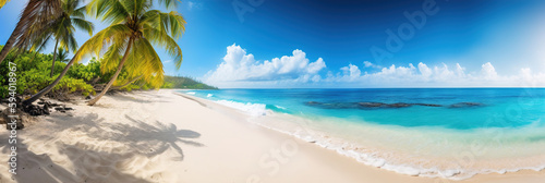 Sunny tropical Caribbean ocean beach with palm coconut trees, sea island vacation on hot summer day