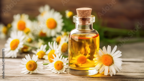 Spa still life with essential herbal  oil bottle and daisies flowers, wellness spa and beauty concept