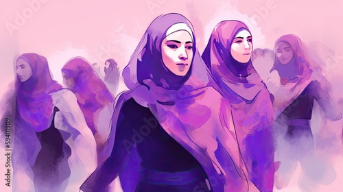 Muslim women in Iran advocate for women's rights; watercolor illustration in purple hues. Generative AI