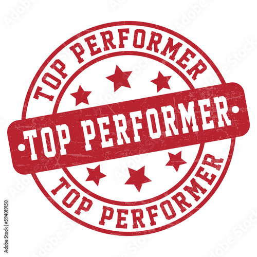 top performers badge, rubber, top performer stamp, seal, label, button, best result badge vector illustration for success in business and games with grunge texture