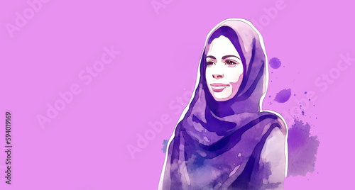 Muslim women in Iran advocate for women s rights  watercolor illustration in purple hues. Generative AI