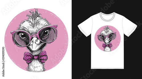 Portrait of a funny ostrich in pink bow tie with sunglasses. vector illustration. t-shirt design, ostrich, funny ostrich, 