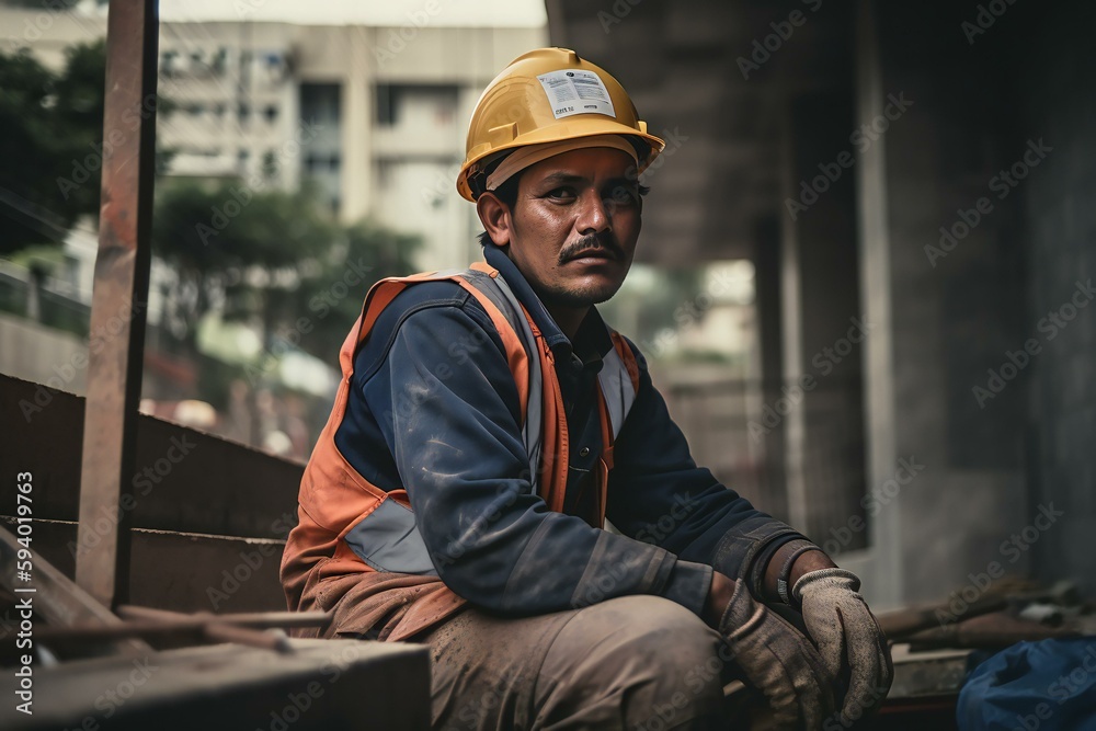 Portrait of a Construction worker in hard hat in a construction site. Generative AI