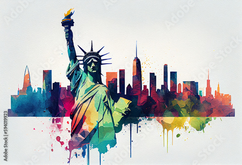 Statue of Liberty with a vibrant New York City skyline in the backdrop - popular tourist cities, tourism, watercolor style Generative AI #594019923