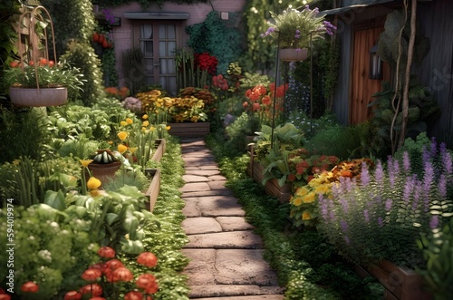 beautiful garden with flowers in front of the house, ai generated.