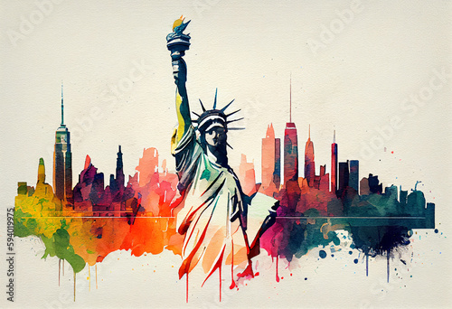 Statue of Liberty with a vibrant New York City skyline in the backdrop - popular tourist cities, tourism, watercolor style Generative AI