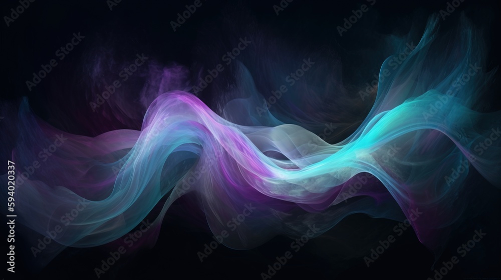 an abstract painting of blue and purple waves on a black background ...