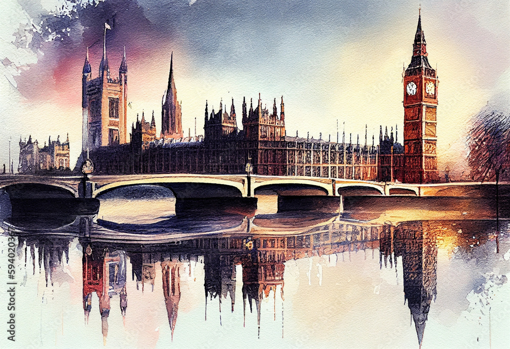 Naklejka premium Big Ben and Houses of Parliament in London, UK, reflected in the River Thames - popular tourist cities, tourism, watercolor style Generative AI