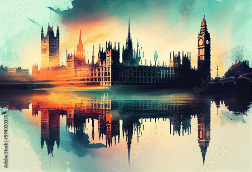 Big Ben and Houses of Parliament in London, UK, reflected in the River Thames - popular tourist cities, tourism, watercolor style Generative AI #594020330