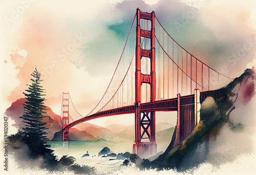 Golden Gate Bridge in San Francisco, USA with fog rolling over the hills - popular tourist cities, tourism, watercolor style Generative AI #594020347
