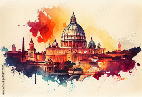 The Vatican City in Rome, Italy, with St. Peter's Basilica and colorful buildings in the backdrop - popular tourist cities, tourism, watercolor style Generative AI