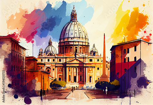 The Vatican City in Rome, Italy, with St. Peter's Basilica and colorful buildings in the backdrop - popular tourist cities, tourism, watercolor style Generative AI