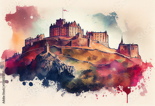 The Edinburgh Castle in Scotland, UK, perched on a hill overlooking a watercolor cityscape - popular tourist cities, tourism, watercolor style Generative AI