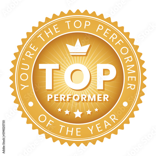 top performers badge, rubber, top performer stamp, seal, label, button, best result badge vector illustration for success in business and games with grunge texture