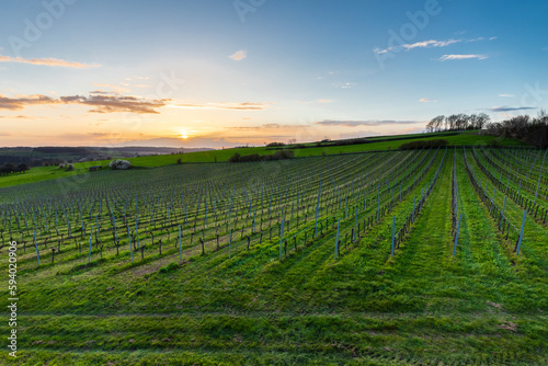 Magical sunset with a dramatic cloudscape in the rolling hills and the vineyards of Fromberg, Voerendaal in the South Limburg in the Netherlands during early spring season with amazing sunbeams.