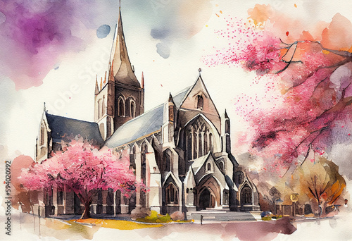 The Christchurch Cathedral in New Zealand, with a watercolor cityscape and blooming cherry blossoms - popular tourist cities, tourism, watercolor style Generative AI photo