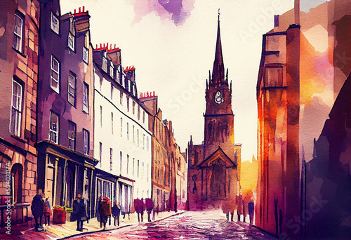 The Edinburgh Royal Mile in Scotland, UK, with its historic buildings and cobblestone streets rendered in a watercolor style - popular tourist cities, tourism, watercolor style Generative AI