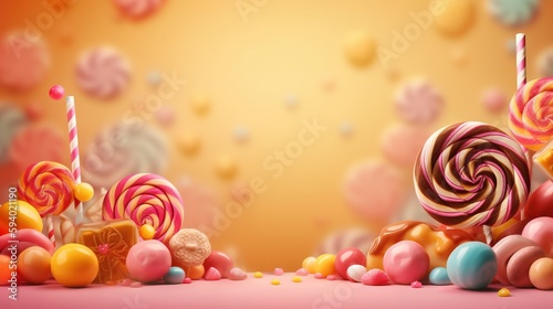  there are many different candies and lollipops on the table and a yellow background with a pink background and a yellow backdrop.  generative ai