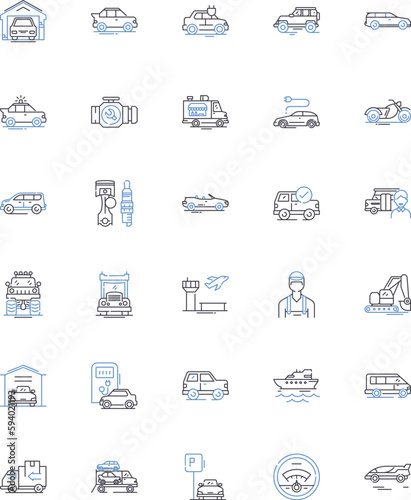 Automobiles line icons collection. Car, Vehicle, Auto, Truck, Bike, Engine, Transmission vector and linear illustration. Suspension,Tire,Rim outline signs set