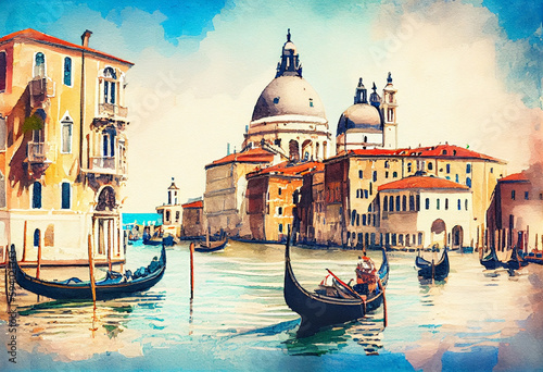 The Venice Grand Canal in Italy, with its iconic gondolas and colorful waterfront buildings in a watercolor setting - popular tourist cities, tourism, watercolor style Generative AI #594021343