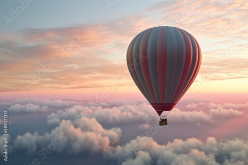 Lonely hot air balloon floating on the sky above the clouds. Generative ai © kaznadey