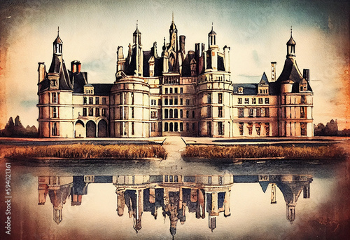 The Château de Chambord in France, with its Renaissance architecture and watercolor reflections in the moat - popular tourist cities, tourism, watercolor style Generative AI #594021361