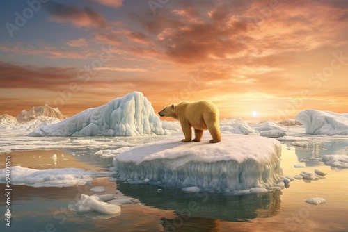 Polar Bear climbing onto melting iceberg. A Disappearing World  A Polar Bear on a Melting Ice Floe in Antarctica. Global warming. Generative ai