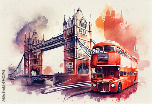The Tower Bridge in London, UK, with a watercolor city skyline and a red double-decker bus in the foreground - popular tourist cities, tourism, watercolor style Generative AI