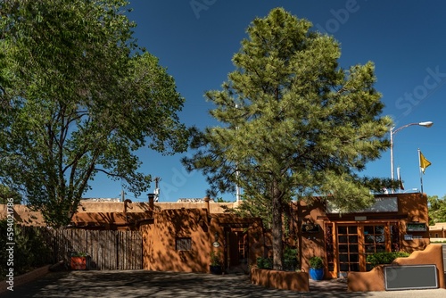 Beautiful view of lush trees in front of a hostel in Santa Fe, New Mexico
