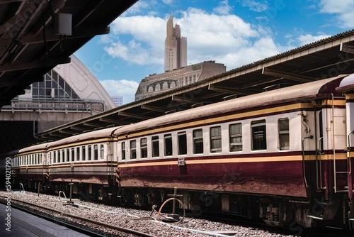 Old train at the Bangkok central station during daytime in Thailand