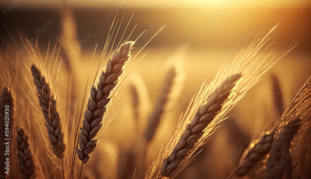Close up of wheat ripening ears at gold wheat field in the morning with shining of sunlight, beautiful scene, harvesting rice food, agricultural concept, with Generative Ai.