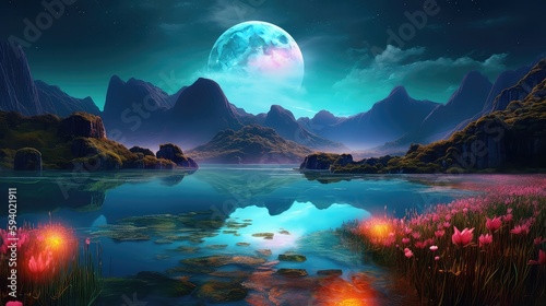 3D Ultra - realistic fantasy, beautiful magic lake, with water lilies, reeds, stone island in the water, full moon, moonlight illuminates the lake, mountains in the background, beautiful landscape