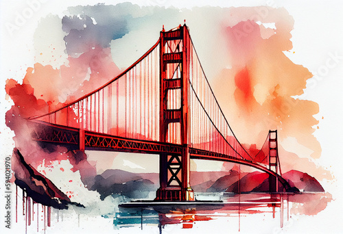 The Golden Gate Bridge in San Francisco, USA, with its iconic red color and watercolor cityscape in the backdrop - popular tourist cities, tourism, watercolor style Generative AI photo