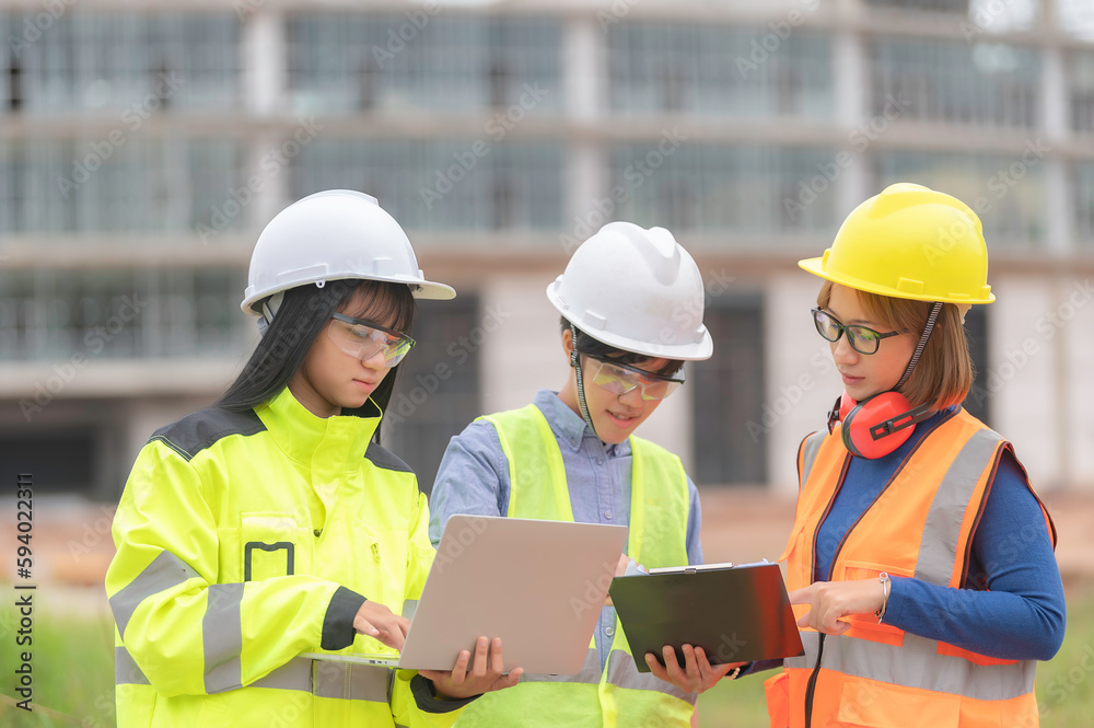 Young and senior Engineers discuss about work of large building underconstruction,Three people working on site of under construction Young and senior Engineers discuss about work of large building underconstruction,Three people working on site of under construction