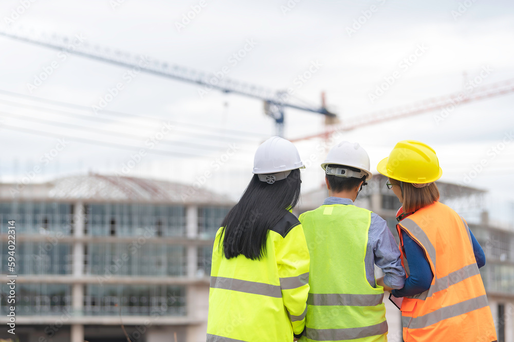 Young and senior Engineers discuss about work of large building underconstruction,Three people working on site of under construction Young and senior Engineers discuss about work of large building underconstruction,Three people working on site of under construction