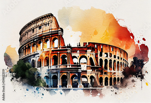 The Colosseum in Rome, Italy, with its iconic architecture and watercolor cityscape in the background - popular tourist cities, tourism, watercolor style Generative AI