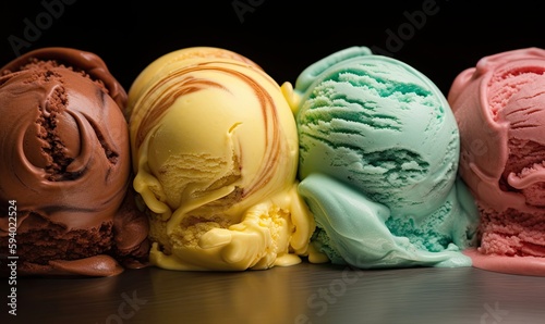 closeup of colorful ice cream scoops on a table created by generative AI 