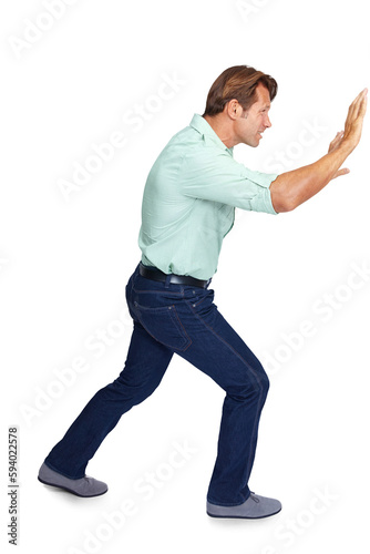 Challenge, power or businessman pushing wall with struggle isolated on transparent png background. Stressed male entrepreneur walking to push heavy obstacle or invisible trouble with physical effort