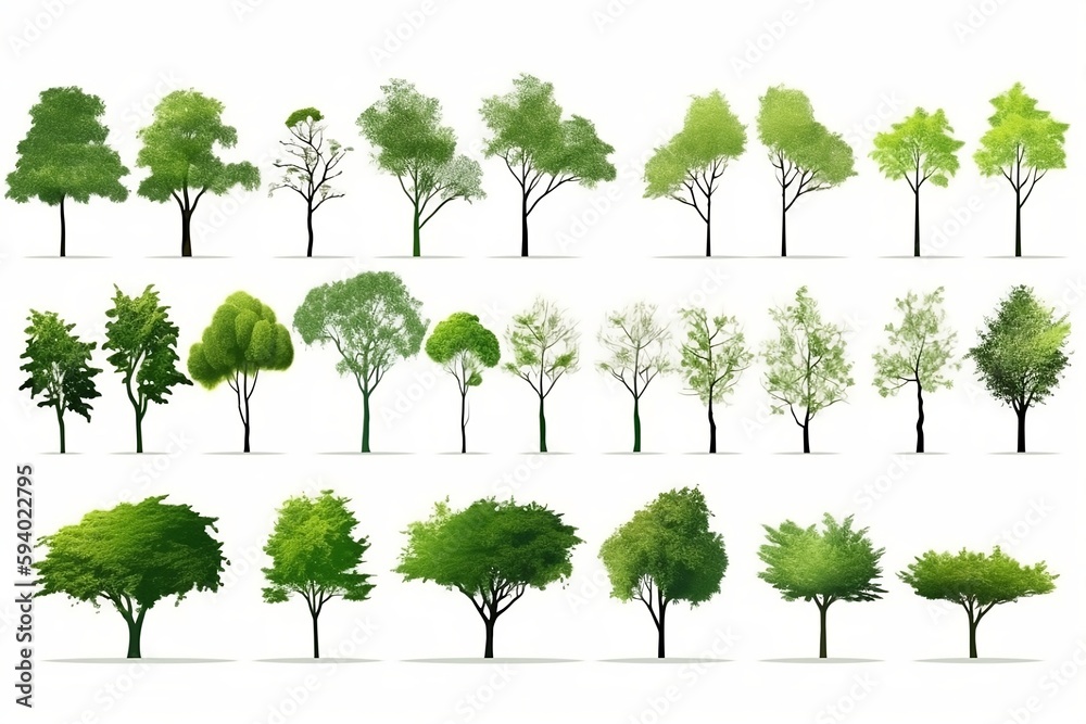 Fototapeta premium Collection of abstract green tree side view isolated on white background. generative ai
