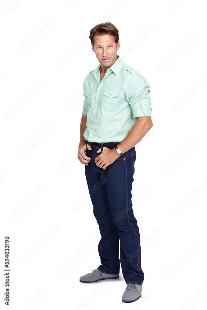 Portrait, full body or man, fashion or cool style clothes for a clothing brand isolated on png background. Confident attitude, shirt or mature male model in a trendy jeans outfit with confidence Portrait, full body or man, fashion or cool style clothes for a clothing brand isolated on png background. Confident attitude, shirt or mature male model in a trendy jeans outfit with confidence