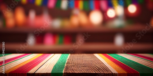 Image of wooden table in front and abstract blurred bright cinco de mayo background. Generative Ai.