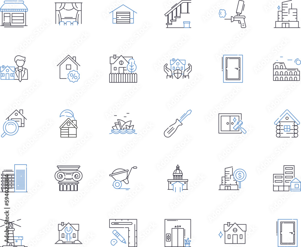Condominiums line icons collection. Residences, Apartments, Units, Flats, Townhomes, Villas, Studios vector and linear illustration. Lofts,Suites,Duplexes outline signs set